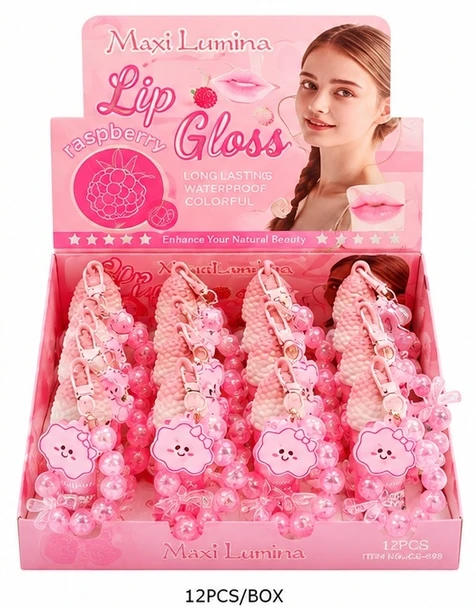Raspberry Lip Gloss + Beaded Bracelet/Bag Charm 12 pcs per display $1.50 each