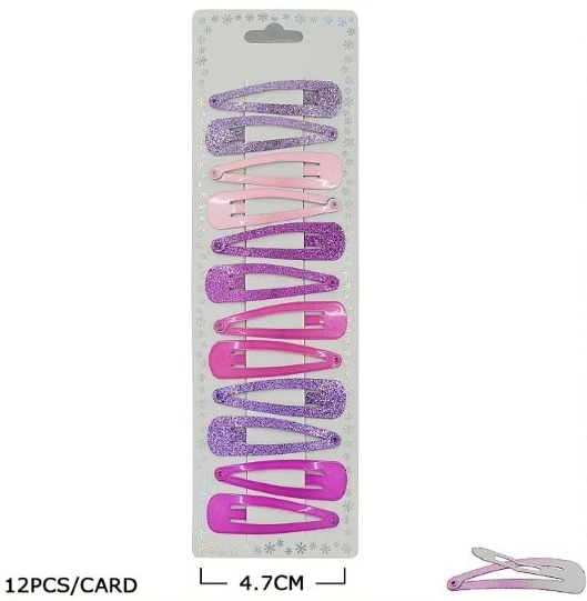 1.9" 12-Pc Pink & Purple Glitter Snap Hair Clip Set .70 each set