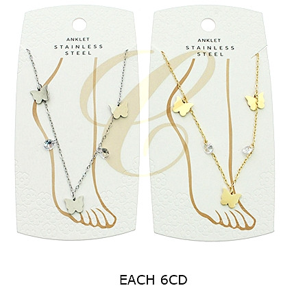 Stainless Steel Triple Butterfly Charm Anklet with Crystal Accents .70 each