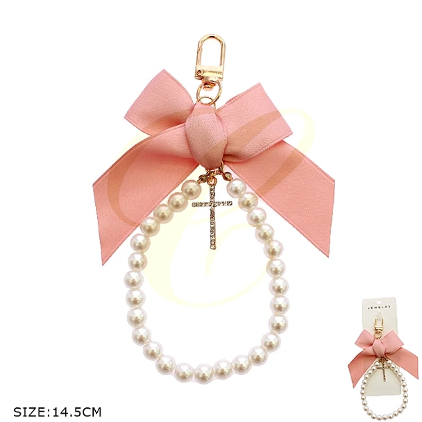 Pearl Beaded Loop & Cross + Satin Bow Bag Charm Keychain .70 each