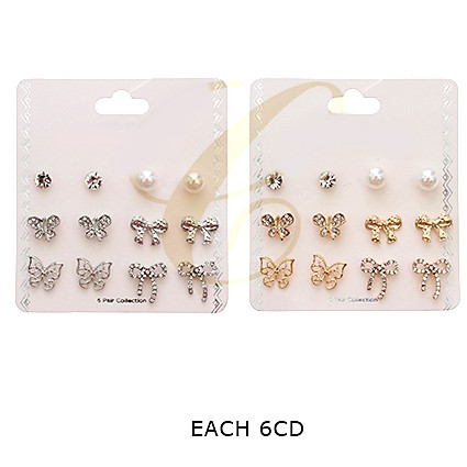 6 Pair Butterfly, Bow & Rhinestone Stud Earring Set .70 each set