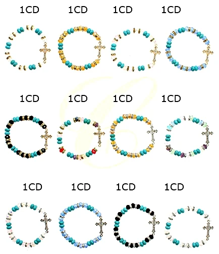 Turquoise & Crystal Beaded Cross Charm Stretch Bracelet .70 each