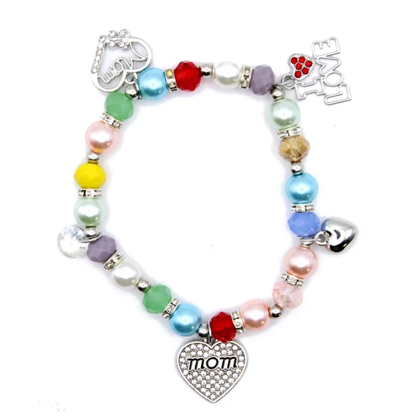 Multicolor Pearl & Crystal Beaded Mom Charm Bracelet .70 each