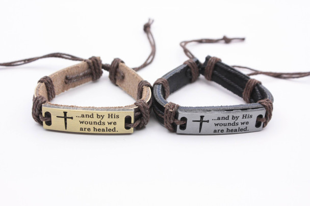 Teen Leather Bracelet Metal "BY WOUNDS WE ARE HEALED" Blk/Brown .70 each