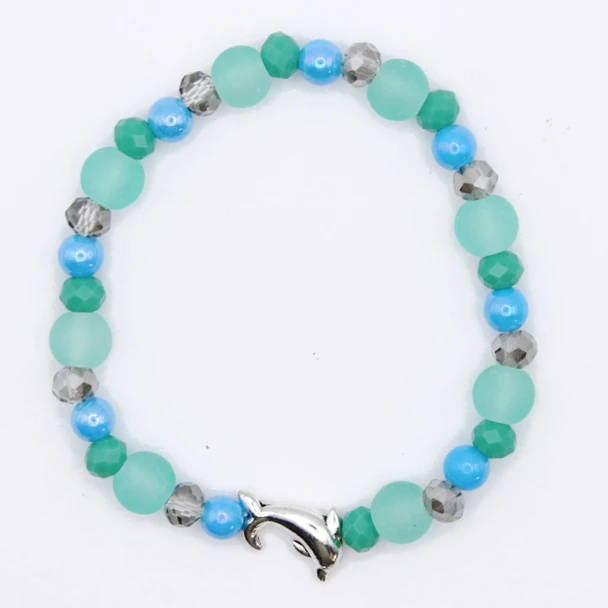 Aqua Blue Beaded Stretch Bracelets w/ Silver Dolphin Charm .70 each