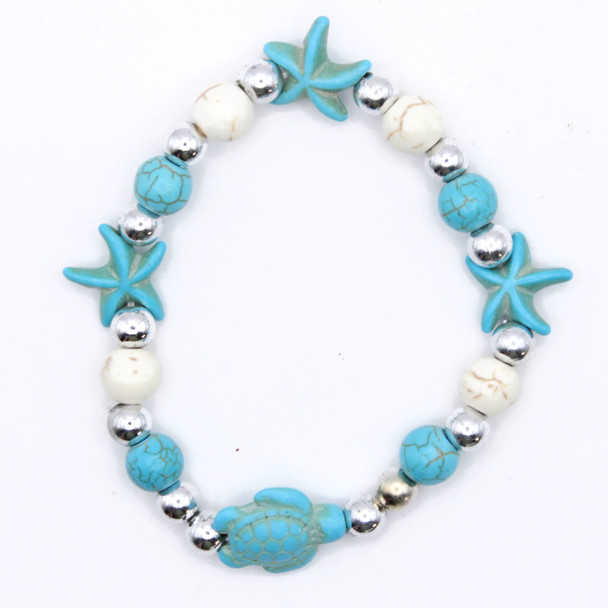 Turquoise Sea Turtle & Starfish Beaded Stretch Bracelet .70 each