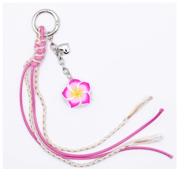 Hawaiian Plumeria Flower Keychain with Braided Cord Tassels .75 each