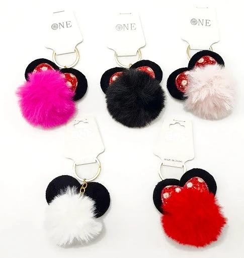 Pom Pom Sequin Bow w/ Blk Ears Fashion Keychain .70 each