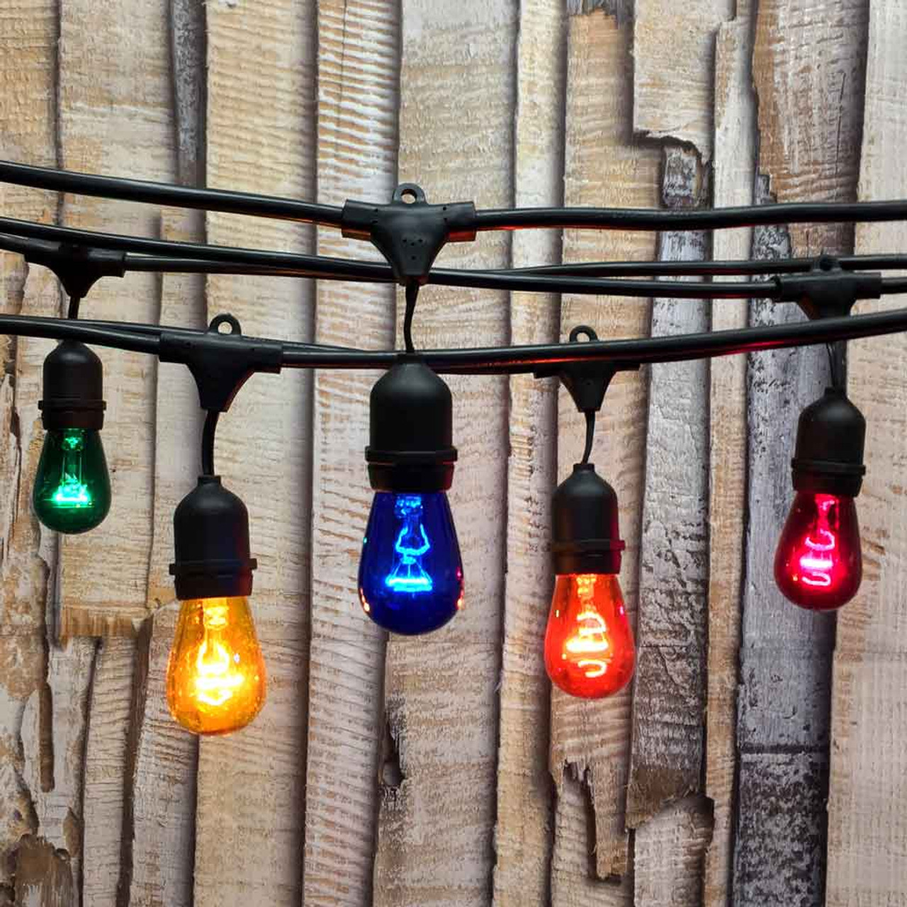 48 ft Black Commercial Medium Suspended Socket String Light & 11S14 Multi  Colored Bulbs