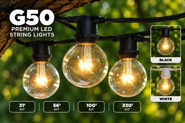 C9 Commercial Grade String Light & LED G50 Premium Bulbs (E17/intermediate base)