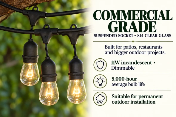 Commercial Grade, Suspended Socket String Light & S14 Clear Bulbs (medium/E26 base)