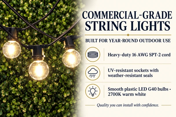 C9 Commercial Grade String Lights & LED G40 Vintage Bulbs (E17/intermediate base)