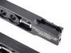 Roaring Toyz Bolt-On Swingarm Extensions Kawasaki ZX14R (06-26), close-up view of black metal swingarm extension with spring mechanism and white logo.
