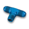 Schnitz Racing Schnitz Fitting Tee -4an Male x 1/8" NPT On Branch Blue, close-up of blue anodized aluminum T-shaped fitting with male AN-4 and 1/8" NPT threaded connections for automotive or performance applications. Schnitz Racing Schnitz Fitting Tee -4an Male x 1/8" NPT On Branch Blue, close-up of blue anodized aluminum T-shaped fitting with male AN-4 and 1/8" NPT threaded connections for automotive or performance applications.