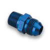 Schnitz Racing Schnitz Fitting -4AN Male x 1/8" NPT Male Blue, close-up of the blue anodized aluminum fitting with threaded connections for hydraulic or fuel line applications