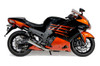 Brocks Performance Brocks Alien Head 2 Full Exhaust 14" Muffler Kawasaki ZX14R (12-26), professional motorcycle with orange and black body, featuring a large exhaust muffler.