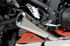 Brocks Performance Brocks Alien Head 2 Full Exhaust 14" Muffler Kawasaki ZX14R (12-25), close-up of the high-performance motorcycle exhaust system featuring a polished aluminum muffler with black and white branding, mounted on a black motorcycle frame.