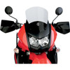 Moose Racing Windscreen +2 Kawasaki KLR650, front view of the tall, clear windscreen mounted on a red Kawasaki KLR650 motorcycle with black accents and dual headlights.