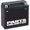 Parts Unlimited Battery YTX14AHL-BS AGM Maintenance Free, black motorcycle battery with white Parts Unlimited logo on the front.