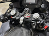 Brocks Performance Brocks Bitubo Steering Damper Kit Kawasaki ZX14R (06-26) Black, mounted on motorcycle handlebars with black and silver components, enhancing stability and handling.