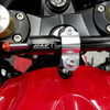 Brocks Performance Brocks Bitubo Steering Damper Kit Kawasaki ZX14R (06-26) Black, close-up view of the black steering damper mounted on a motorcycle handlebar with metal brackets.