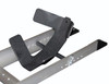 Condor Pit Stop/Trailer Wheel Chock, sturdy black wheel restraint with rubber-coated support on a metal rail for secure parking of trailers and vehicles.
