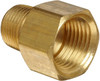 Schnitz Fitting Brass Adapter 1/8" Male Pipe to 1/8" Female Pipe, close-up image of a brass fitting with threaded ends for pipe connection.