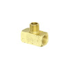 Schnitz Racing Schnitz Fitting Brass Tee 3/8" NPT Female x 3/8" NPT Female x 3/8" NPT Male, brass plumbing fitting with threaded connectors for hydraulic or fuel line applications.