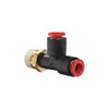 Schnitz Racing Schnitz Fitting Brass Quick Connect Tee, 1/4 inch NPT male to 1/8 inch line fittings, durable black and brass construction with red seals for automotive or racing applications.