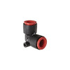 Schnitz Racing Motorcycle Performance Parts Schnitz Fitting Plastic Quick Connect 90 Degree 1/8" Line x 1/8" Line, black plastic fitting with red sealing rings for motorcycle fuel or fluid lines.