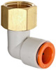 Schnitz Racing Schnitz Fitting Brass Quick Connect 90 Degree 1/8" NPT Female to 1/8" Line, close-up of a retrofitted metal fitting with brass and plastic components. Schnitz Racing Schnitz Fitting Brass Quick Connect 90 Degree 1/8" NPT Female to 1/8" Line, close-up of a retrofitted metal fitting with brass and plastic components.