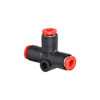 Schnitz Racing Motorcycle Performance Parts Schnitz Fitting Plastic Quick Connect Tee, 3/8 inch Line x 3/8 inch Line x 3/8 inch Line, with red end caps and black body for easy motorcycle fuel line or fluid connections.