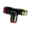 Schnitz Racing Schnitz Fitting Brass Quick Connect Tee 1/8" NPT Male x 1/4" Line x 1/4" Line, close-up of brass quick connect tee fitting with threaded and line connection points.