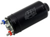 AEM 400LPH Inline High Flow Fuel Pump, black cylindrical high-performance fuel pump with inlet and outlet connectors.