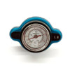 Schnitz Racing Schnitz High Pressure Temperature Gauge Radiator Cap, with a built-in thermometer displaying heat levels in Celsius and Fahrenheit.