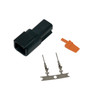 Deutsch DTM 2 Position Receptacle Kit, black electrical connector with orange insert, two metal pins, and mounting bracket for electrical wiring.