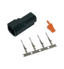 Deutsch DTM 4 Position Receptacle Kit, black plastic connector with four metal terminals, orange locking tab, and metal mounting strip. Deutsch DTM 4 Position Receptacle Kit, black plastic connector with four metal terminals, orange locking tab, and metal mounting strip.
