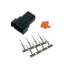 Deutsch DTM 8 Position Receptacle Kit, electrical automotive component including a black plastic receptacle, an orange insert, and metal terminals for secure electrical connections.