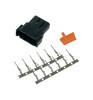 Deutsch DTM 12 Position Receptacle Kit, electronic connector components including black plastic housing, orange terminal guard, and metal contacts on a metal strip for electrical wiring.