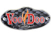 VooDoo Performance Series Half Exhaust Suzuki GSXR750 (06-07), GSXR600 (06-07), close-up image of the logo on the exhaust pipe with black and gray camouflage pattern background. VooDoo Performance Series Half Exhaust Suzuki GSXR750 (06-07), GSXR600 (06-07), close-up image of the logo on the exhaust pipe with black and gray camouflage pattern background.