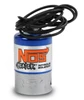 NOS Cheater Nitrous Solenoid, black electrical wires coiled on top of a blue and silver cylindrical solenoid with NOS logo and orange lettering.