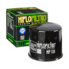 HiFloFiltro Oil Filter Suzuki GSXR750 (85-25), black cylindrical oil filter with white branding and labels in front of a black and green box.