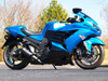 Brocks Performance Brocks Alien Head 2 Full Exhaust 14" Muffler Black Kawasaki ZX14R (12-25), blue Kawasaki ZX14R motorcycle with black muffler and alien head design on exhaust system.
