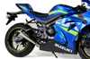 Brocks Performance Brocks Alien Head 2 Full Exhaust 14" Muffler Suzuki GSXR1000 (17-27), blue motorcycle with aftermarket exhaust system and slick tires.