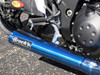 Brocks Performance Brocks Tiwinder Full Exhaust Race Baffle Blue Kawasaki ZX14R 06-25, close-up of the blue exhaust pipe with Brock's Performance logo installed on a motorcycle.