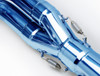 Brocks Performance Brocks Tiwinder Full Exhaust Race Baffle Blue Kawasaki ZX14R (06-25), close-up of a shiny blue motorcycle exhaust pipe with welded joints and attached springs.