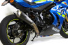 Brocks Performance Brocks Predator Full Exhaust Ti Front Electro-Black Muffler Suzuki GSXR1000 (17-20), close-up of the motorcycle's rear and exhaust system showcasing the titanium muffler with black and silver finish.