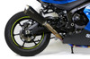 Brocks Performance Brocks Predator Full Exhaust Ti Front Electro-Black Muffler Suzuki GSXR1000 (17-20), close-up of motorcycle rear with black titanium exhaust, rear wheel, disc brake, and blue fairing.
