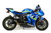 Brocks Performance Brocks Predator Full Exhaust Ti Front Electro-Black Muffler Suzuki GSXR1000 (17-20), a blue racing motorcycle with a titanium exhaust muffler, aerodynamic fairings, and sporty design.