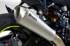 Brocks Performance Brocks Predator Full Exhaust Ti Front Titanium Muffler for Suzuki GSXR1000 (17-20), close-up view of the metallic titanium muffler attached to a motorcycle.